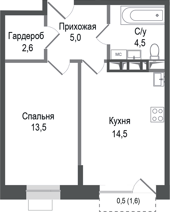 1-комн., 40.1 м², 6/8 этаж, ЖК «Киноквартал»