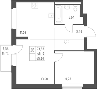 2-комн., 45.1 м², 8/17 этаж, ЖК «Горки Парк»