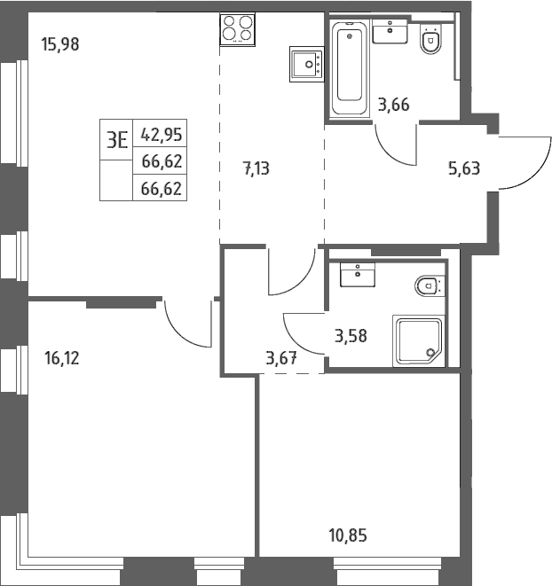3-комн., 66.62 м², 4/9 этаж, ЖК «Заречье Парк»