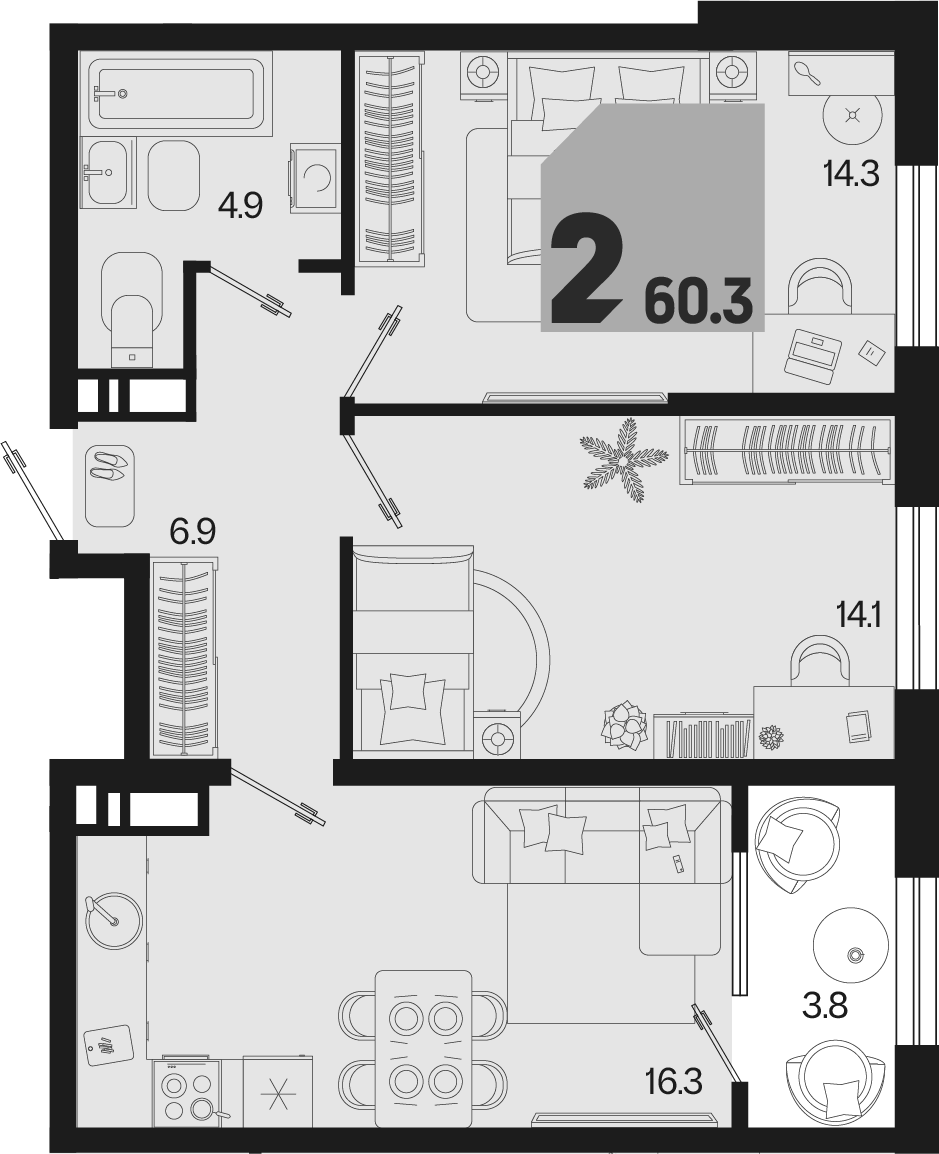 3-комн. квартира, 56.5 м² в ЖК Первое место — фото 2