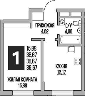 1-комн., 36.67 м², 1/8 этаж, ЖК «Гранель Живописный»