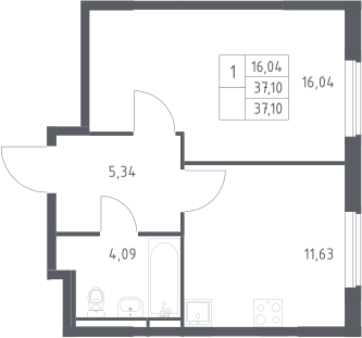 1-комн., 37.1 м², 9/17 этаж, ЖК «Мытищи Парк»