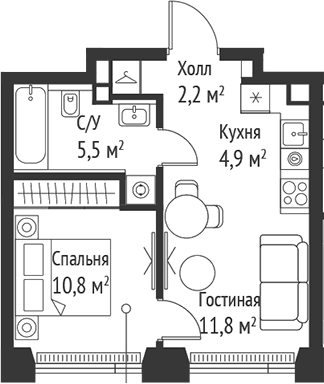 2-комн., 35.2 м², 40/59 этаж, ЖК «СЕТ»