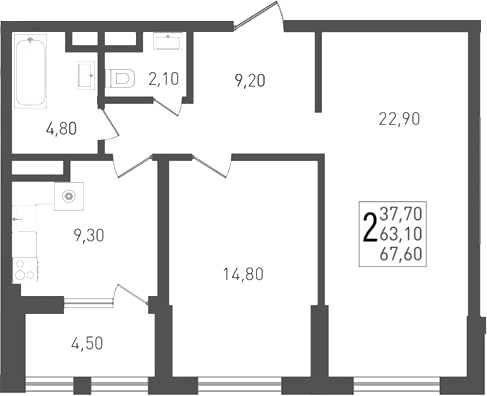 2-комн., 63.1 м², 7/8 этаж, ЖК «Югге»