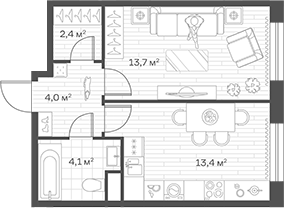 1-комн., 37.6 м², 2/12 этаж, ЖК «Аристов Берег»