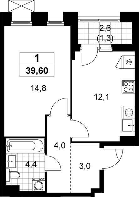 1-комн., 38.3 м², 6/19 этаж, ЖК «Прокшино»