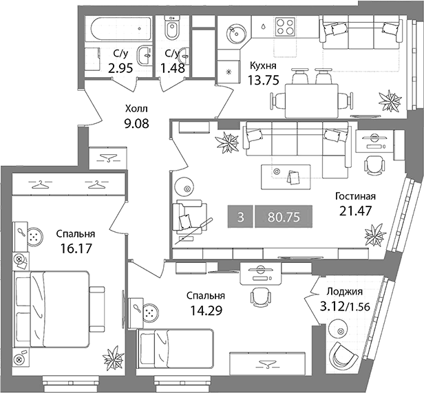 3-комн., 79.19 м², 12/17 этаж, ЖК «Планерный квартал»