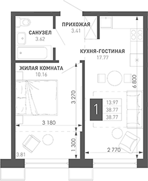 1-комн., 36.05 м², 6/9 этаж, ЖК «Иначе в Молодежном»