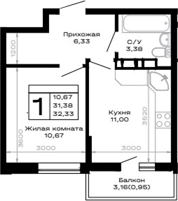 1-комн., 31.38 м², 7/16 этаж, ЖК «Горные высоты»