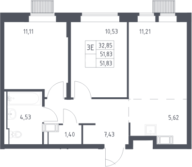 3-комн., 51.83 м², 20/25 этаж, ЖК «Большое Путилково»