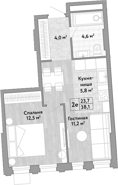 2-комн., 38.1 м², 30/30 этаж, ЖК «Новые Смыслы»