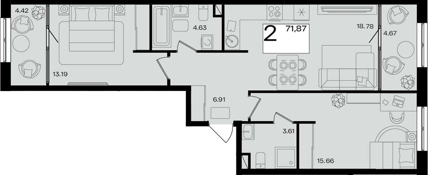 3-комн. квартира, 61.81 м² в ЖК Патрики — фото 2