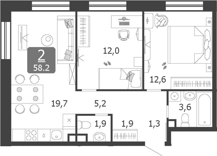3-комн., 58.2 м², 17/19 этаж, ЖК «Шагал»