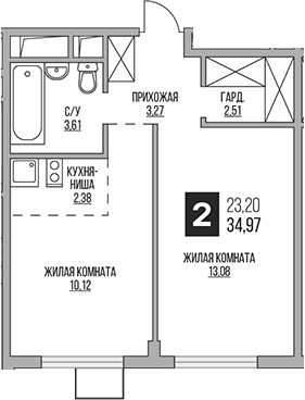 2-комн., 34.97 м², 11/14 этаж, ЖК «Гранель Аникеевский»