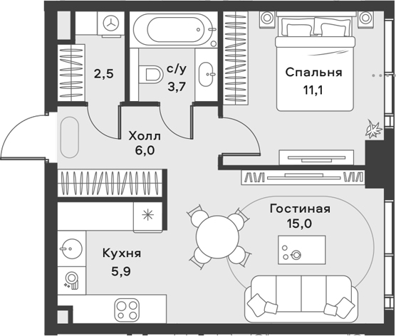 2-комн., 44.2 м², 25/42 этаж, ЖК «АЛИА»