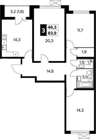 3-комн., 82.3 м², 19/22 этаж, ЖК «Южная Битца»
