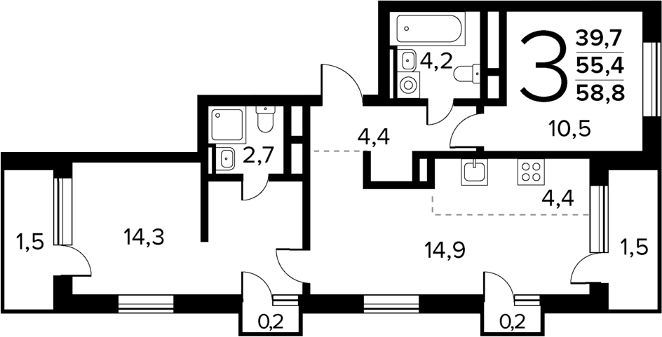 3-комн., 55.4 м², 7/7 этаж, ЖК «Новые Ватутинки Квартал у реки»