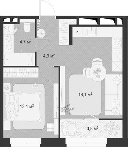2-комн., 40.8 м², 7/18 этаж, ЖК «Гранд Комфорт»