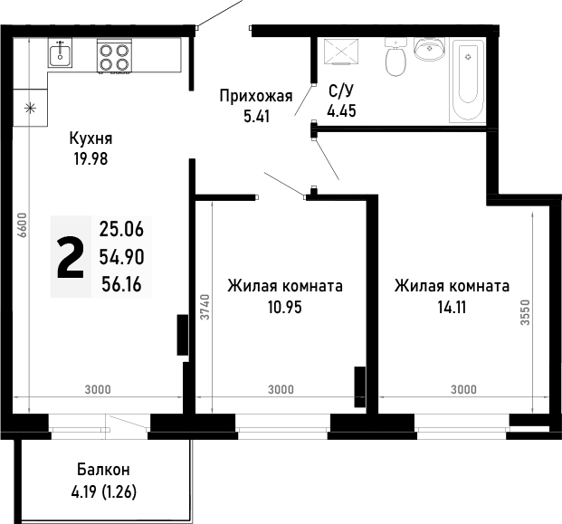 2-комн. квартира, 54.9 м² в ЖК Усадьба Гостагаевская — фото 2