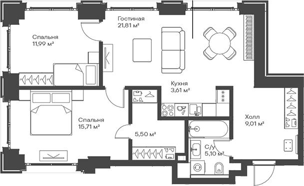 3-комн., 72.73 м², 4/15 этаж, ЖК «Сити Бэй»