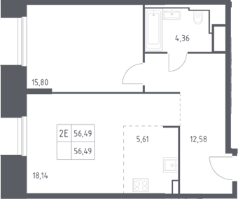 2-комн., 56.49 м², 24/30 этаж, ЖК «Скай Спутник»