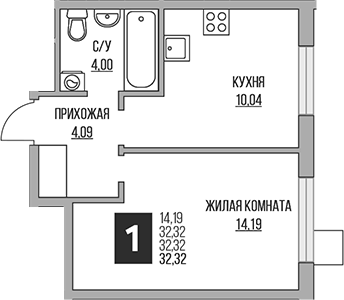 1-комн., 32.32 м², 14/14 этаж, ЖК «Гранель Притяжение Сити»