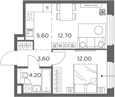 2-комн., 38.1 м², 12/17 этаж, ЖК «Белый Град»