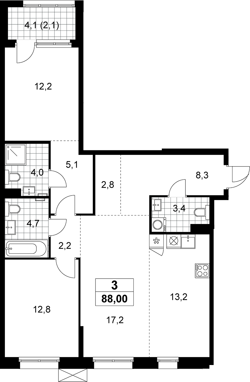 3-комн., 85.9 м², 8/8 этаж, ЖК «Дзен-кварталы»