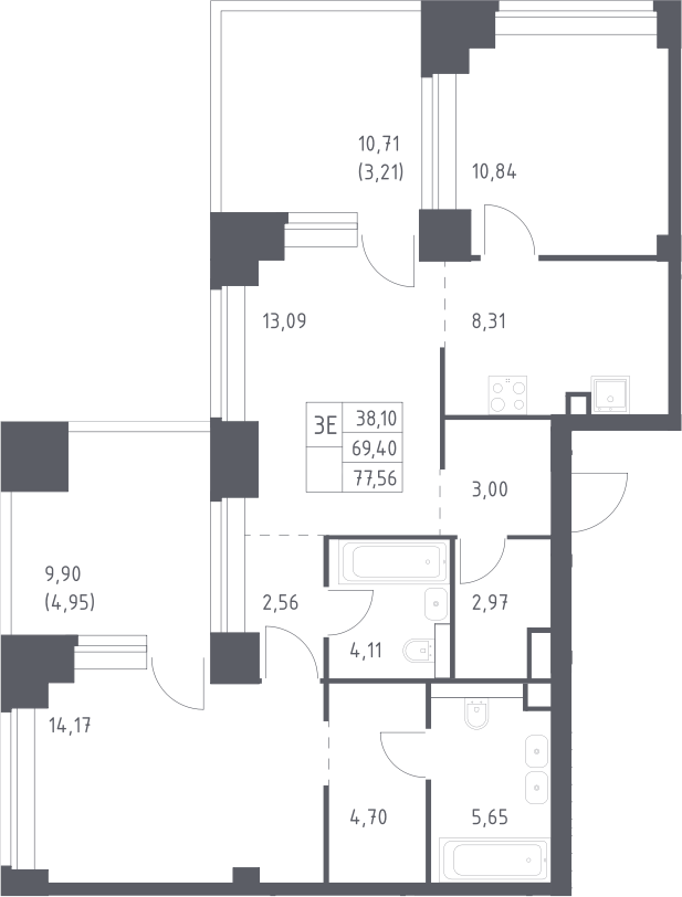 3-комн., 69.4 м², 28/32 этаж, ЖК «НОВА»
