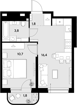 1-комн., 32.7 м², 2/18 этаж, ЖК «Грейд»