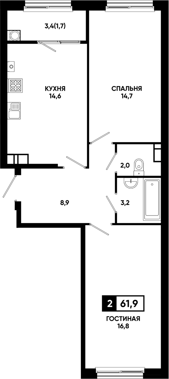 2-комн., 60.2 м², 10/14 этаж, ЖК «Резиденция Софи»