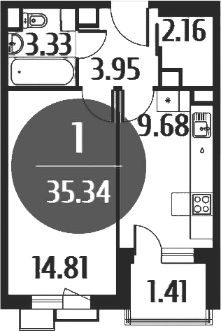 1-комн., 33.88 м², 3/5 этаж, ЖК «Равновесие»