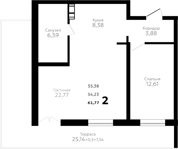 2-комн., 54.23 м², 2/16 этаж, ЖК «Твин парк»