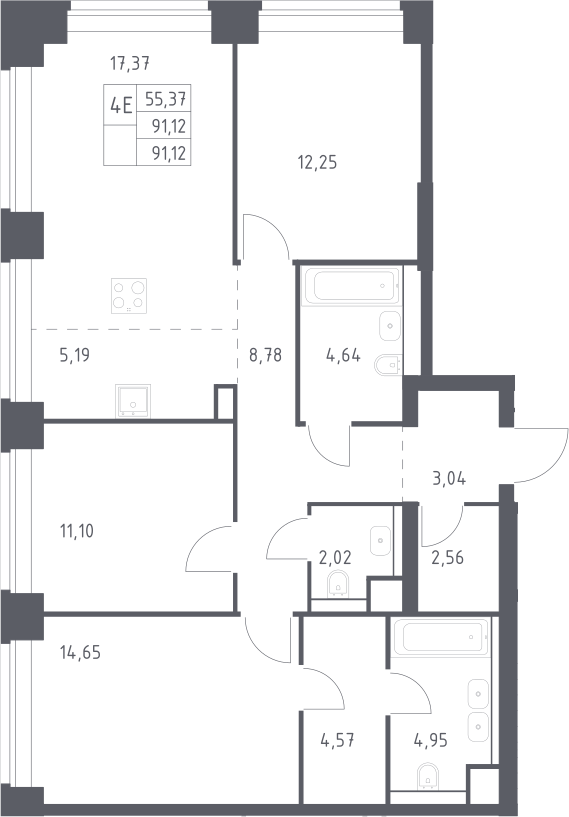 4+ комнаты, 91.12 м², 18/32 этаж, ЖК «НОВА»