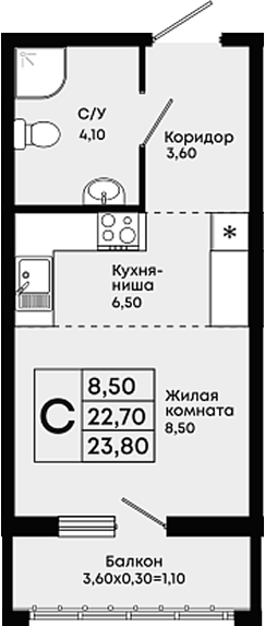 Студия, 22.7 м², 2/18 этаж, ЖК «Премьер»