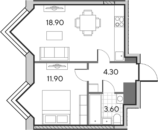 2-комн., 38.7 м², 30/30 этаж, ЖК «Вейв»