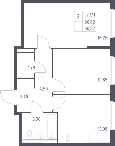 2-комн., 50.82 м², 14/17 этаж, ЖК «Пригород Лесное»