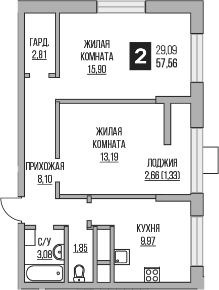 2-комн., 54.9 м², 19/25 этаж, ЖК «Гранель Пехра»