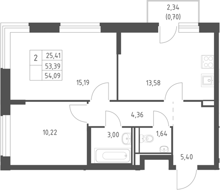 2-комн., 53.39 м², 6/17 этаж, ЖК «Горки Парк»