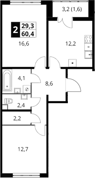 2-комн., 58.8 м², 9/22 этаж, ЖК «Южная Битца»