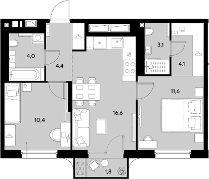 2-комн., 54.2 м², 2/9 этаж, ЖК «Грейд»