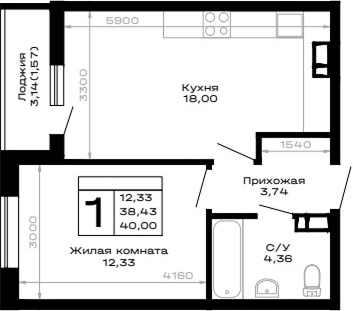 1-комн., 38.43 м², 9/14 этаж, ЖК «Горные высоты»