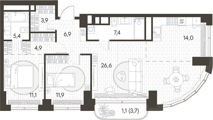 3-комн., 92.1 м², 6/34 этаж, ЖК «Родина Парк»