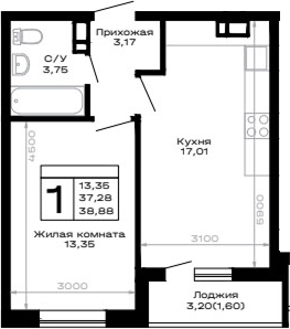 1-комн., 37.28 м², 11/16 этаж, ЖК «Горные высоты»