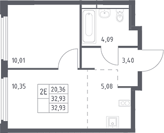 2-комн., 32.93 м², 16/17 этаж, ЖК «Космический Квартал»