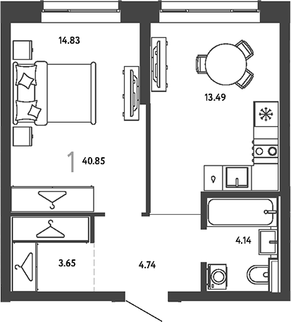 1-комн., 40.85 м², 21/24 этаж, ЖК «Страна.Парковая»