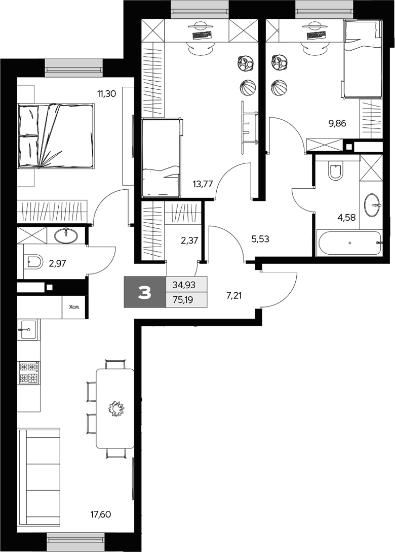 3-комн., 75.19 м², 1/9 этаж, ЖК «Ласточкино»