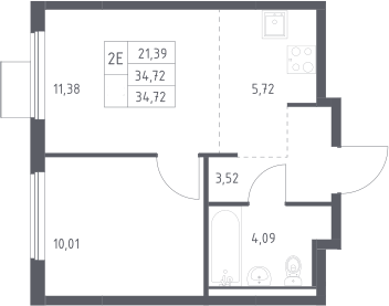 2-комн., 34.72 м², 8/13 этаж, ЖК «Горки Парк»