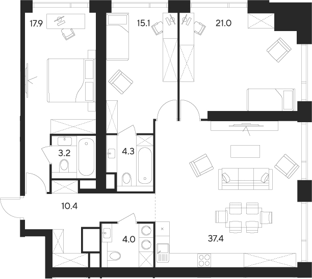 4+ комнаты, 113.3 м², 17/55 этаж, ЖК «Инди Тауэрз от Аквилон»