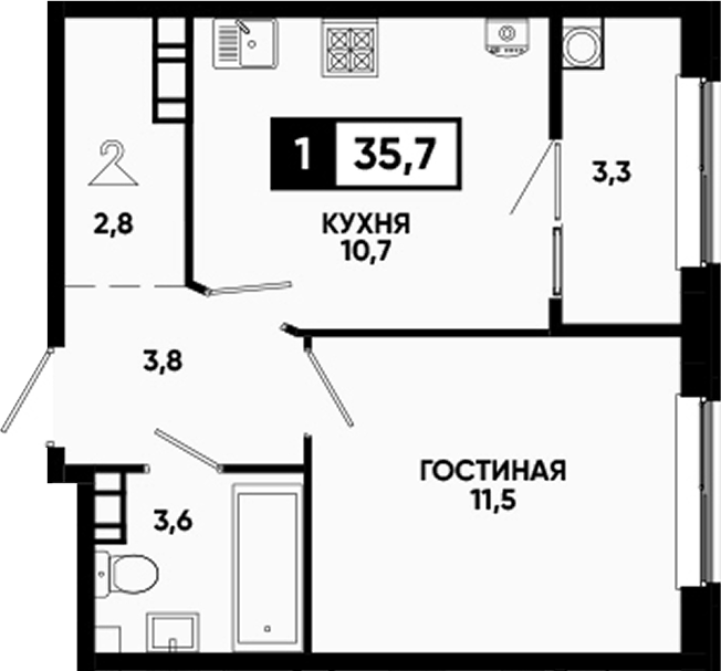 1-комн., 32.4 м², 12/12 этаж, ЖК «Кварталы 17/77»